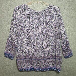 Lucky Brand 1X Peasant Top Blouse 3/4 Sleeve Purple White Floral Womens Boho